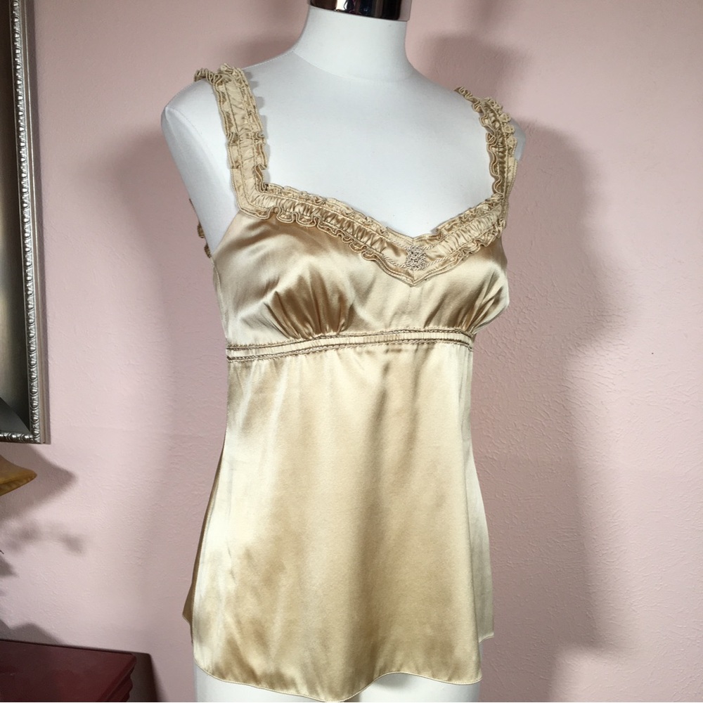 Ellie Tahari Gold Silk Satin Victorian Ruffle sweetheart neckline Camisole top - Picture 2 of 16